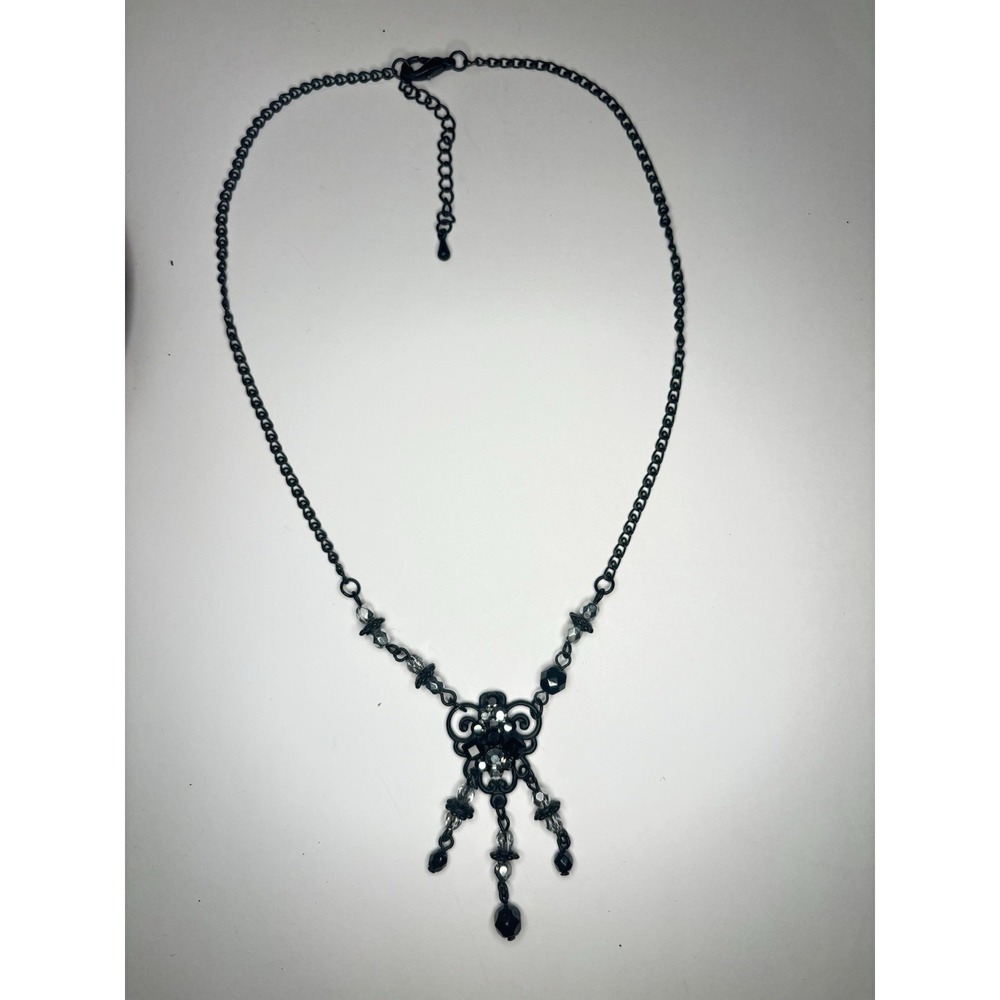 Vintage Black Filigree Rhinestone Dangle Necklace 18" Goth Whimsigoth